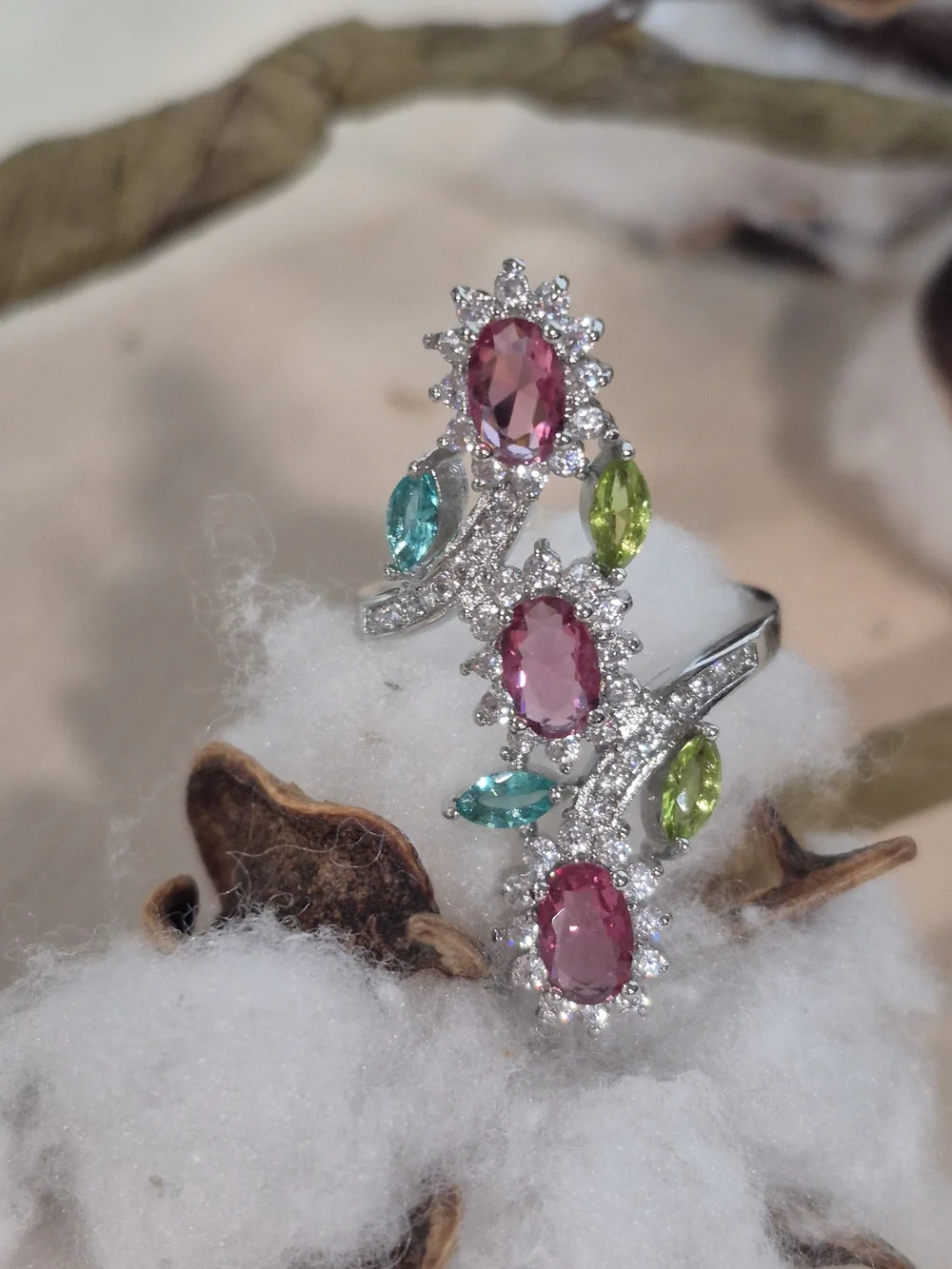 💚🩷NEW💚🩷 STUNNING!! PINK MORGANITE, AQUAMARINE, PERIDOT & CZ'S Ring